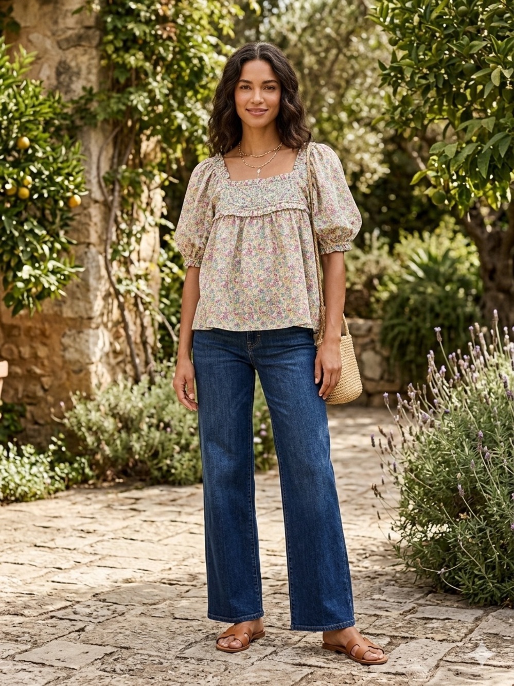 Floral Pin-tuck Pleated Puff-Sleeve Floral Peasant Blouse, Doen Farley Dupe
